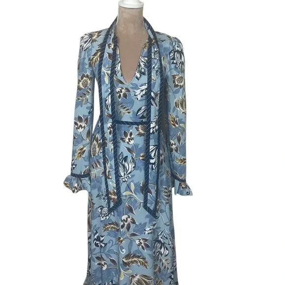 NWT BCBGMaxAzria Ashley Blue Liberty Floral Print TieNeck Long Sleeve Maxi Dress - Picture 5 of 16